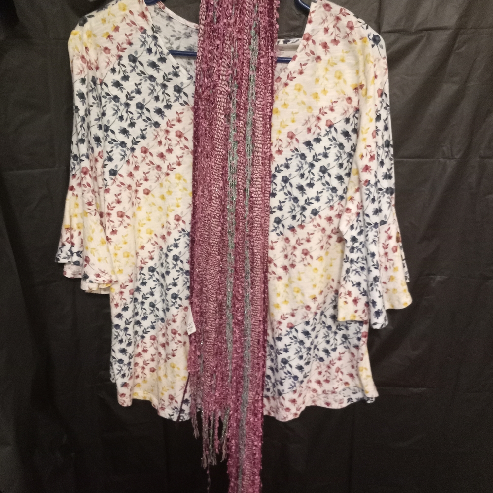 Floral V-Neck Blouse with Pink Scarf